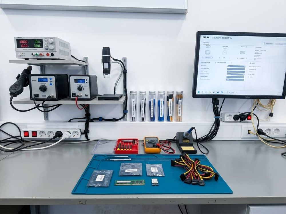 Bancada de trabalho da loja: fonte de alimentação de bancada, estação de soldar e ar quente, microscópio digital, multímetro e tapete antiestático com memórias e SSD
