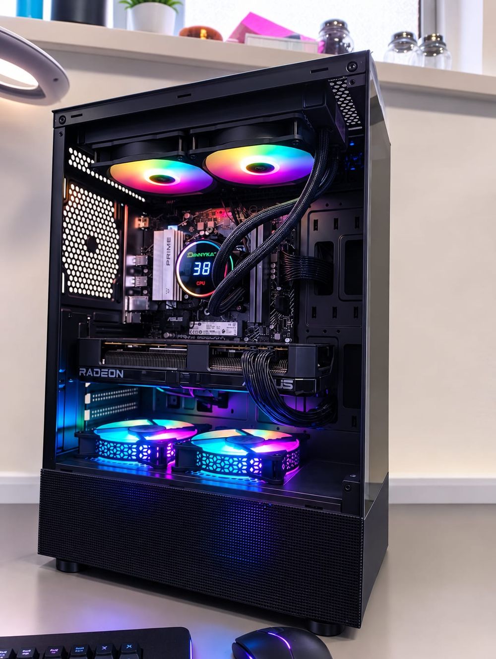 Torre preta com vidro temperado, watercooling AIO com ecrã de temperatura, placa ASUS PRIME e gráfica Radeon